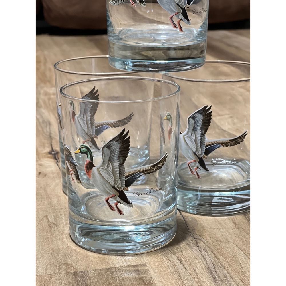 Norman R Adams Mallard Duck Whiskey Glasses Set of 4 Vintage Rocks Lowball Glass - Picture 5 of 5
